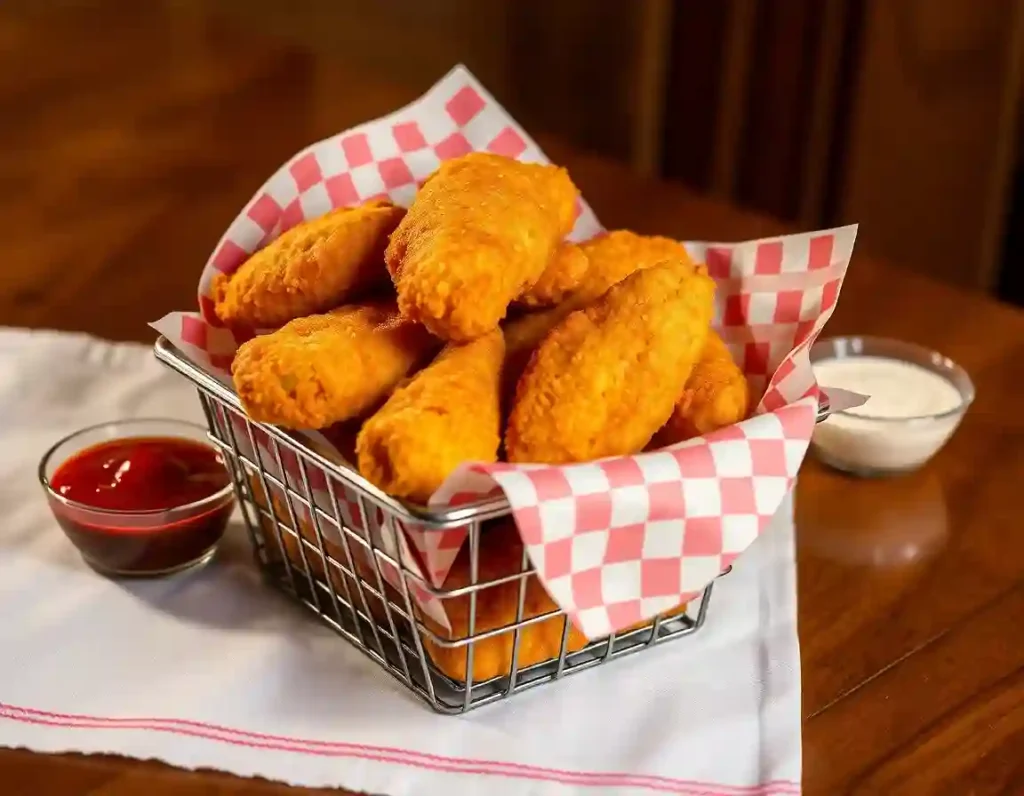 Golden chicken tenders piled in a vintage metal wire basket lined with red-and-white checkered wax paper, served with ketchup and ranch dressing in glass bowls, against a striped tablecloth.