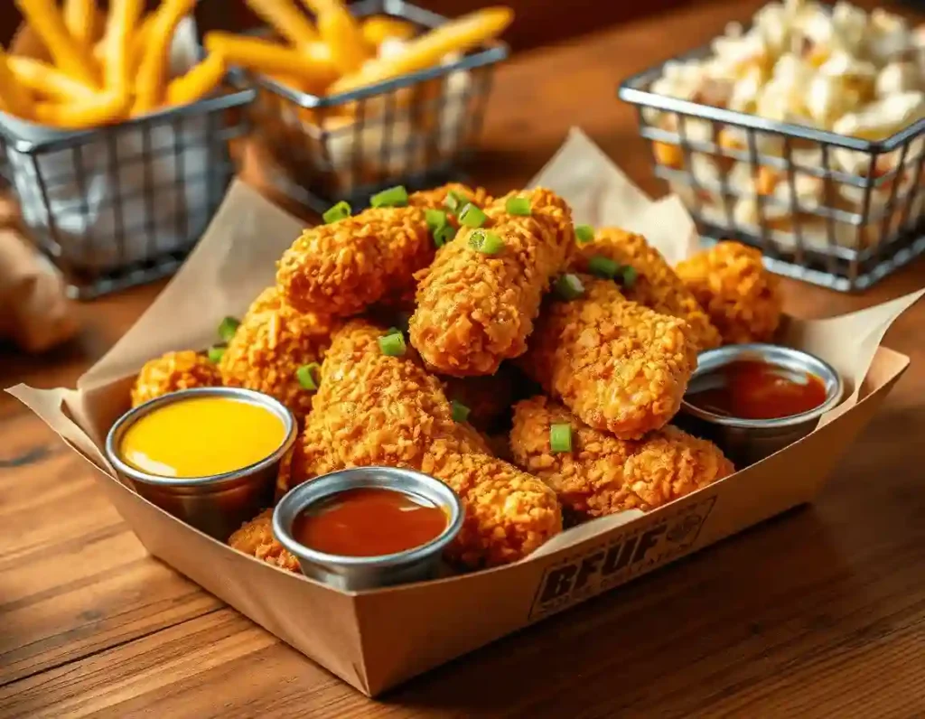 Crispy chicken tenders in a cardboard tray with parchment paper, garnished with green onions, alongside honey mustard and barbecue sauce cups, on a rustic wooden table.
