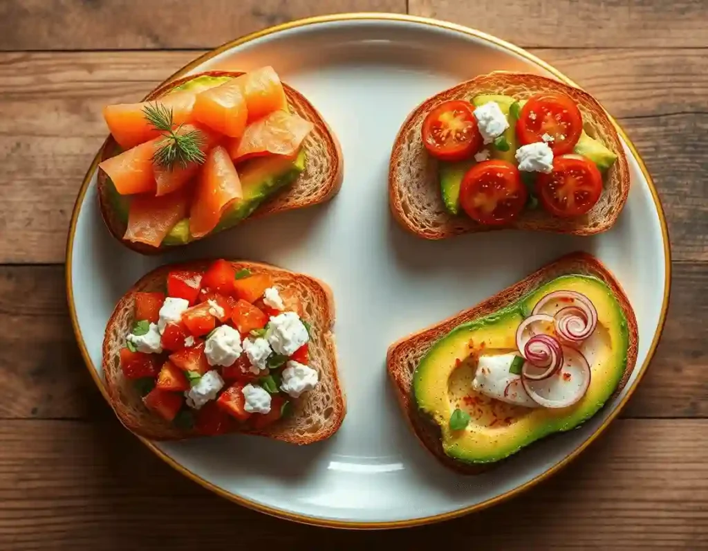 Four avocado toast variations on a gold-rimmed plate: smoked salmon with dill, cherry tomatoes with sea salt, avocado with feta, microgreens, lemon zest, and chili-flaked avocado toast.