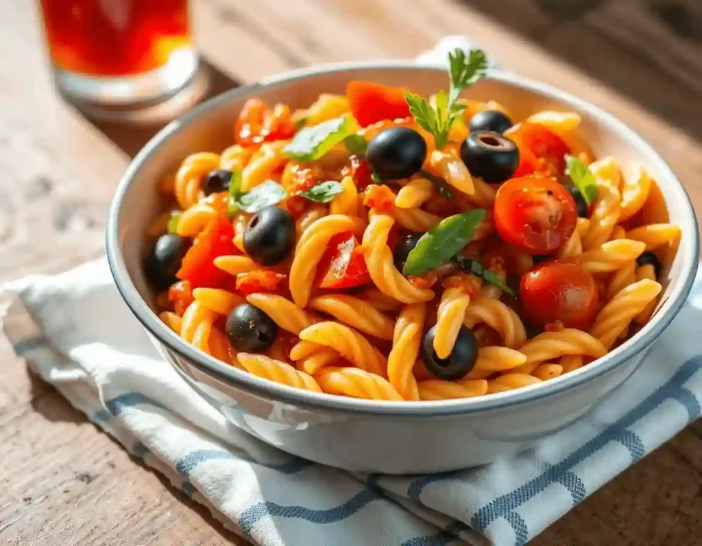 A gourmet Bloody Mary pasta salad with spiral pasta, tomato-vodka sauce, and colorful garnishes (cherry tomatoes, green peppers, olives) in a ceramic bowl on a rustic table with linen napkin and sunlight.