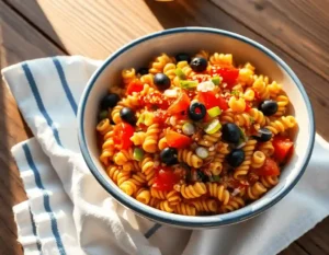 A Bloody Mary pasta salad with rotini noodles, cherry tomatoes, green peppers, black olives, and red onions in a ceramic bowl on a sunlit wooden table with a striped napkin.
