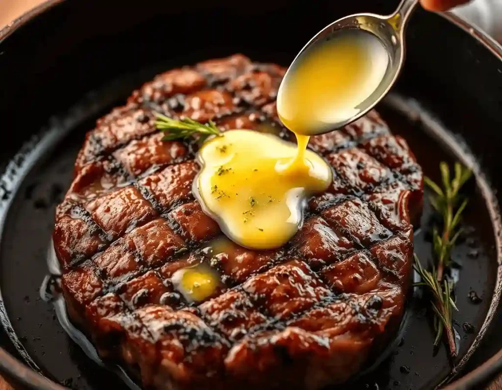 Overhead shot of elegantly plated medium-rare pan-seared steak slices with butter sauce, mashed potatoes, and roasted asparagus on a dark plate.