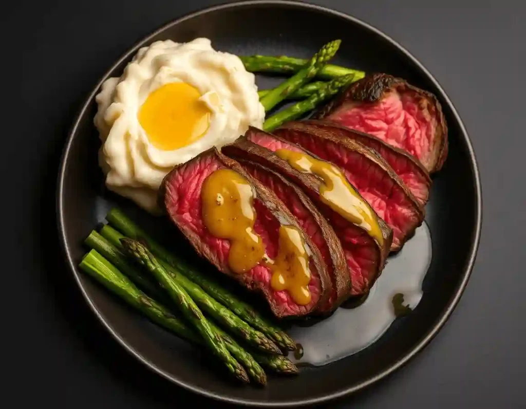 Overhead shot of elegantly plated medium-rare pan-seared steak slices with butter sauce, mashed potatoes, and roasted asparagus on a dark plate.