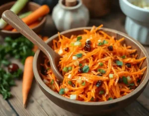 A bright carrot salad in a clear glass bowl, featuring shredded carrots, plump raisins, fresh parsley, and a lemon wedge, served on a rustic green checkered tablecloth.