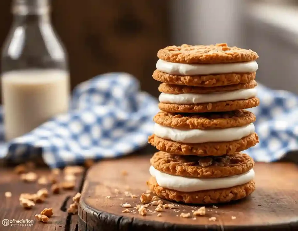 Four oatmeal cream pies stacked vertically on a blue-and-white checkered cloth, with a vintage milk bottle in the background. Crispy cookie layers and thick frosting highlight the rustic, homemade aesthetic.