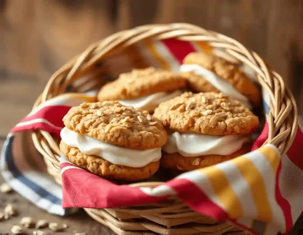 Oatmeal cream pies nestled in a woven wicker basket lined with a colorful red, yellow, and blue striped cloth, against a blurred rustic wooden backdrop.