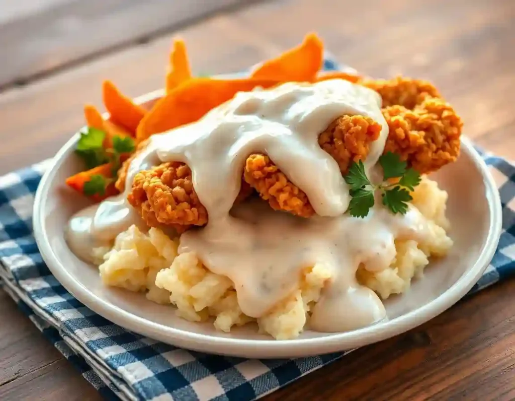 Close-up of golden-brown fried chicken smothered in thick white gravy, resting on mashed potatoes with green beans and herbs.