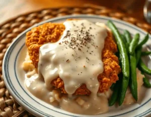 Golden-brown country fried chicken with crispy sweet potato chips, creamy mashed potatoes, and parsley garnish on a blue-and-white checkered napkin.