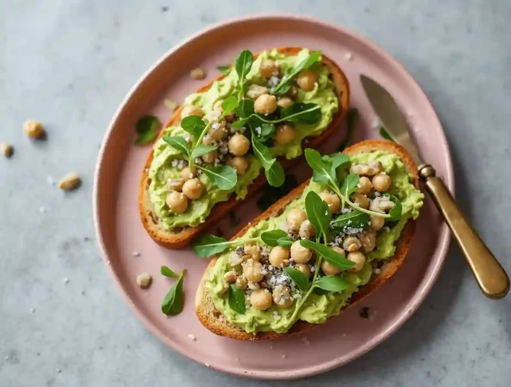 Four avocado toast variations on a gold-rimmed plate: smoked salmon with dill, cherry tomatoes with sea salt, avocado with feta, microgreens, lemon zest, and chili-flaked avocado toast.
